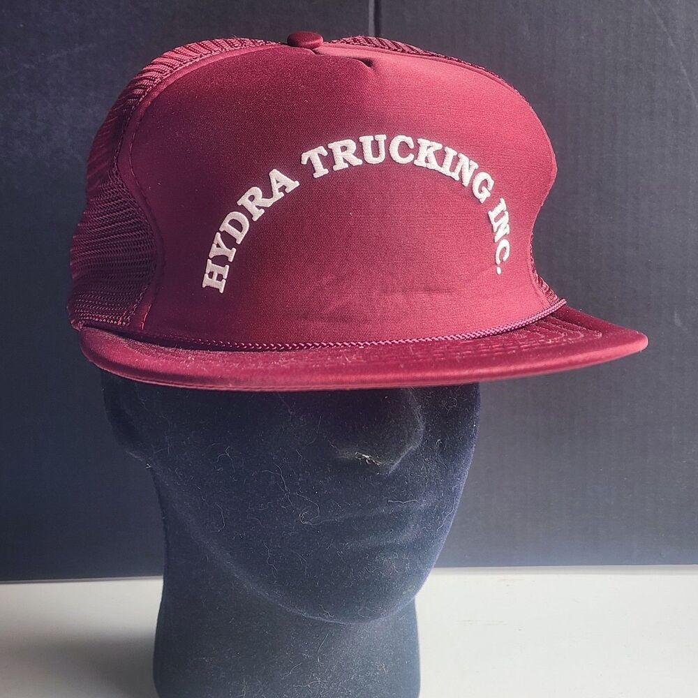 Vintage 80s Hydra Trucking Inc. Maroon Foam Mesh Trucker Hat Snapback Cap